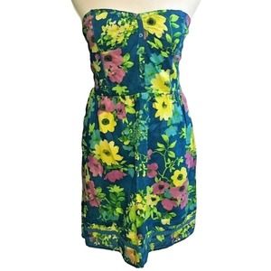 Juniors Aeropostale Blue Yellow Floral Print Strapless Cotton Sundress Size M